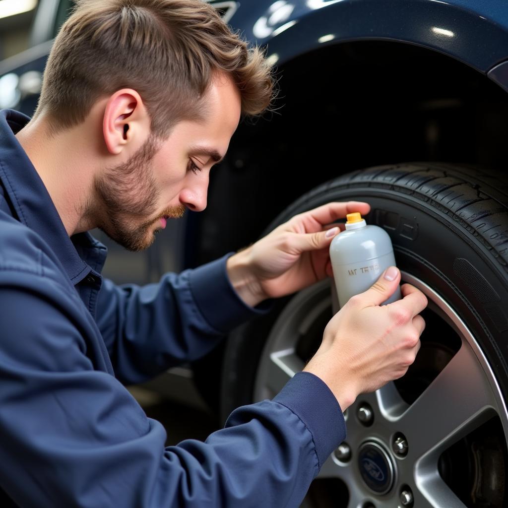 Mechanic Checking Brake Fluid in a Ford Taurus