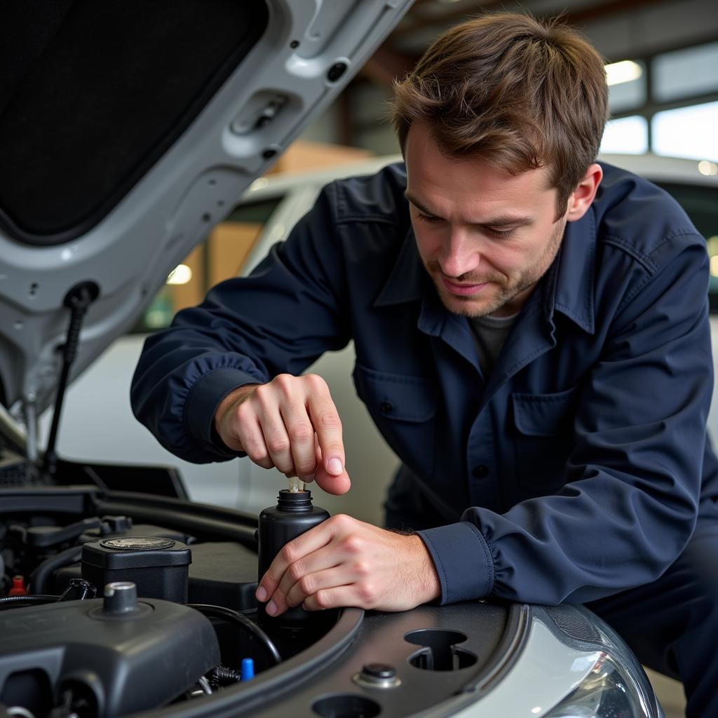 Mechanic Checking Brake Fluid Level