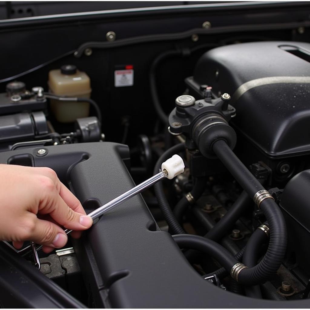 Mechanic checking brake fluid level in a car