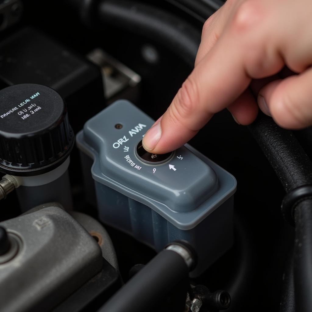 Mechanic checking brake fluid level in car