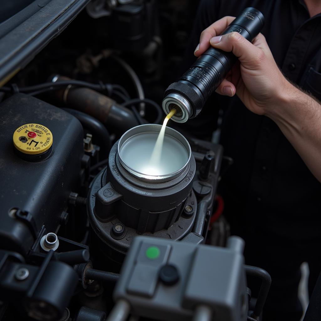 Mechanic Checking Brake Fluid Level in a Toyota Sienna