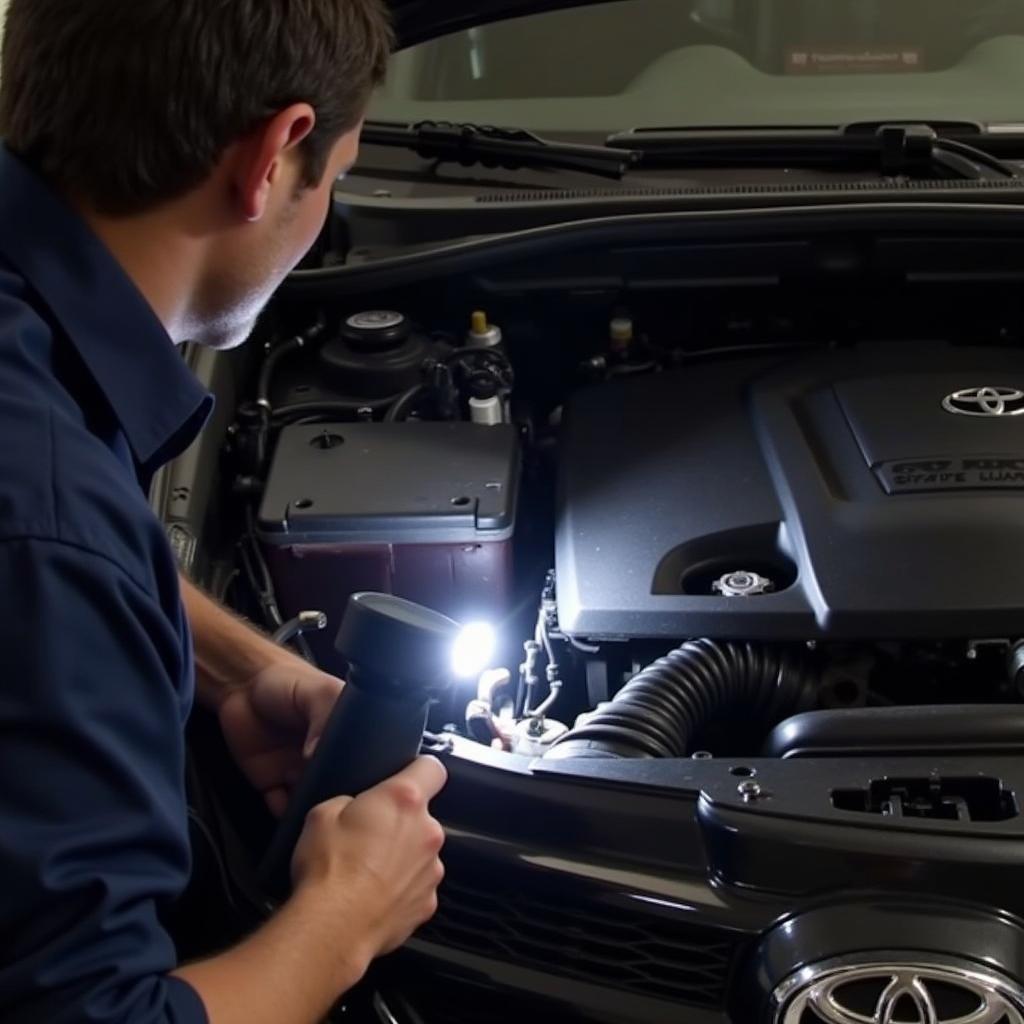 Mechanic Checking Brake Fluid in a Toyota Camry