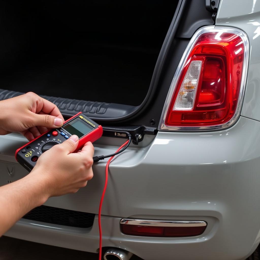 Mechanic inspecting brake light wiring harness of Fiat 500