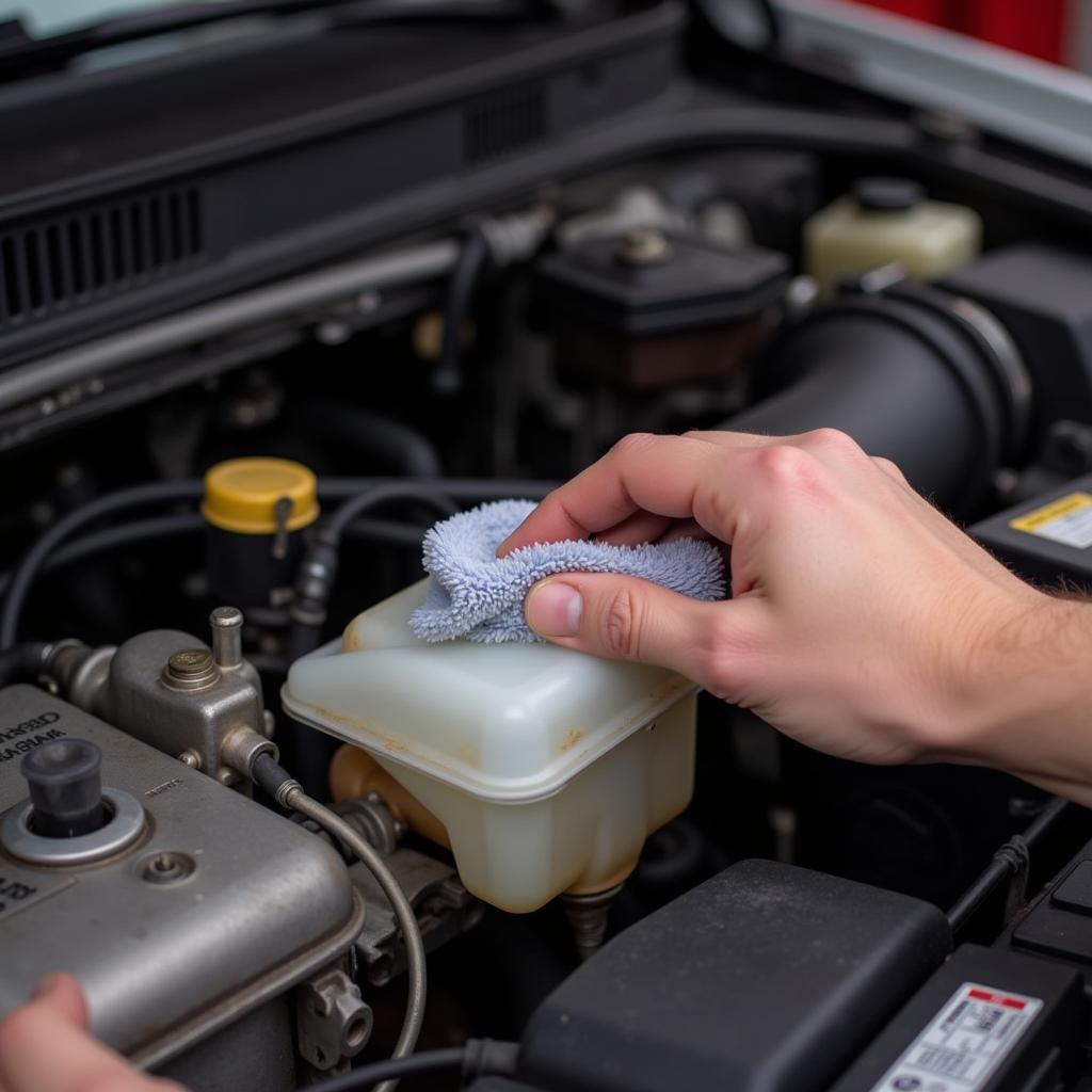 Mechanic Inspecting Brake Fluid Level in a Buick Century