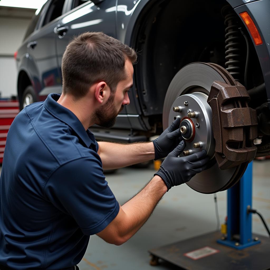 Mechanic inspecting a Chrysler's brake system