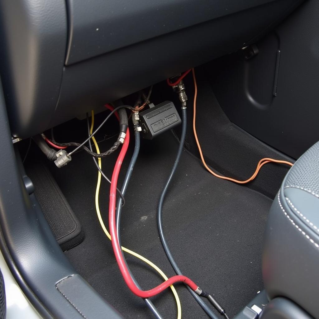 Damaged wiring harness under the car seat