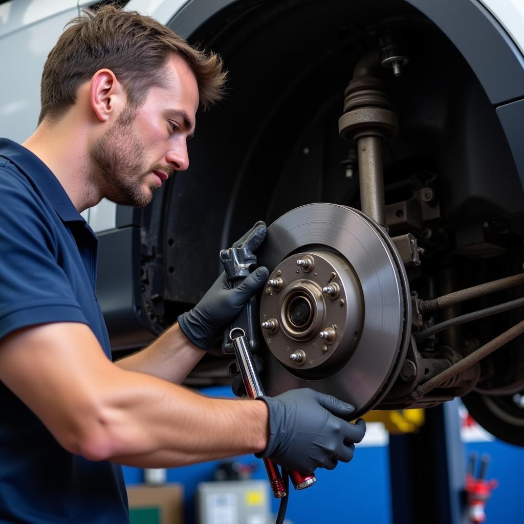 Mechanic Inspecting Ford Escape Brake System