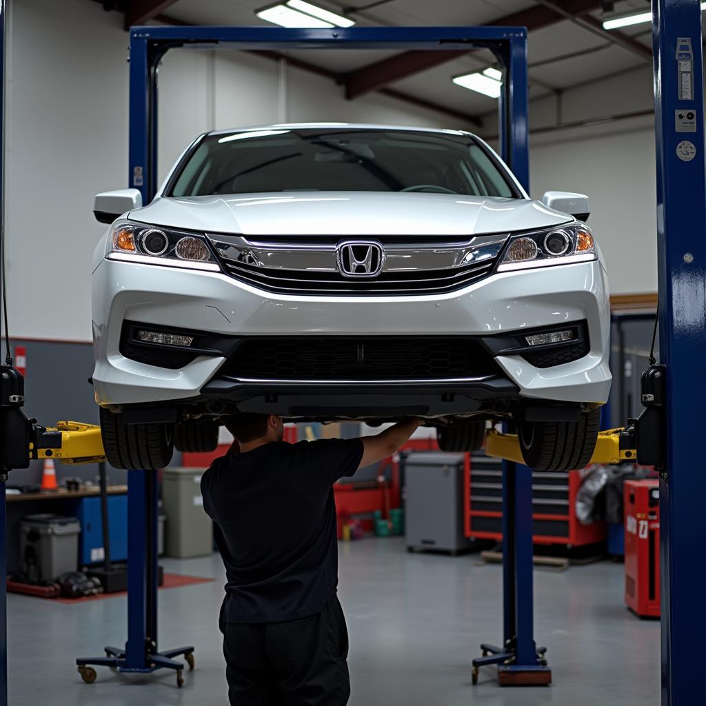 Mechanic Inspecting Honda Accord Brakes on a Lift