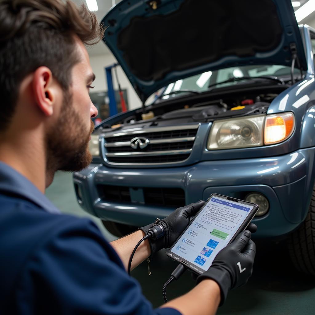 Mechanic Performing Diagnostic Scan on Infiniti QX4