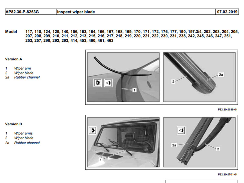 Inspect Wiper blade instruction in the free mercedes benz s250 repair manuals 