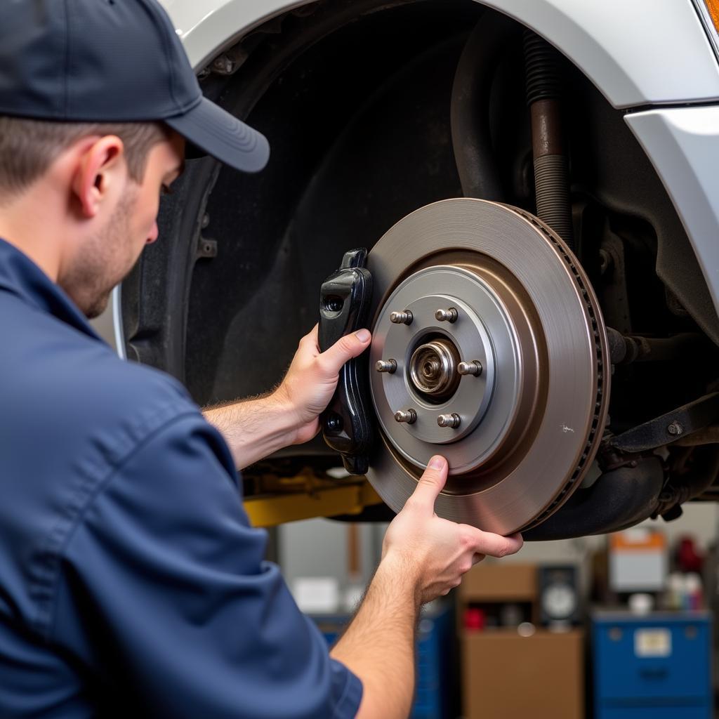 Mechanic Inspecting Brake Pads on a Dodge Durango