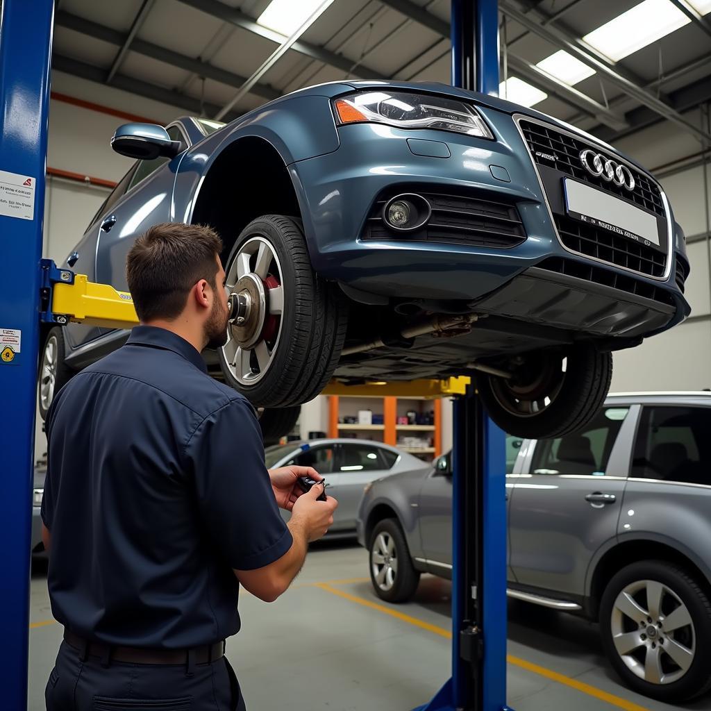 Mechanic Inspecting Audi A4 Brakes in a Garage