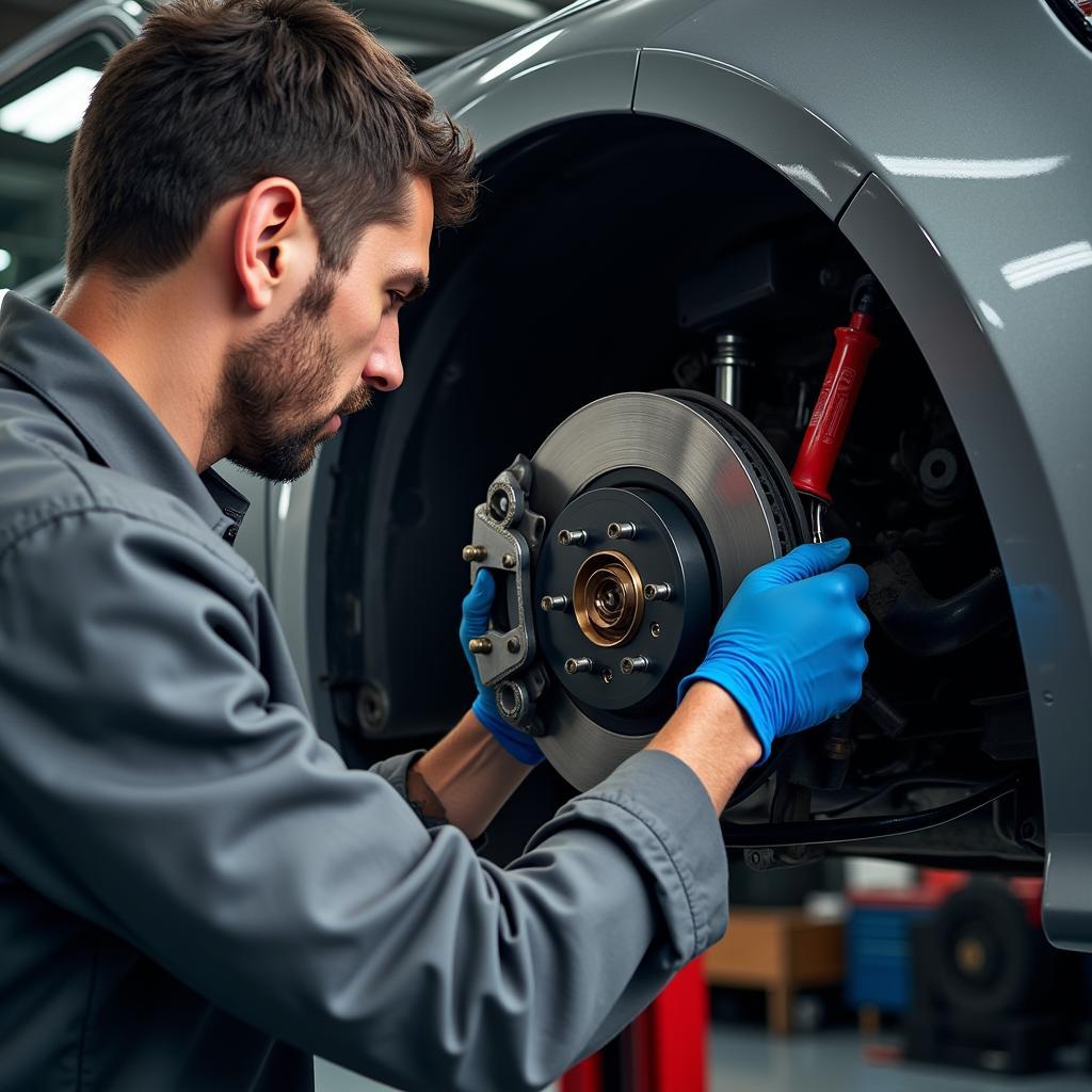 Mechanic Inspecting Audi Brakes