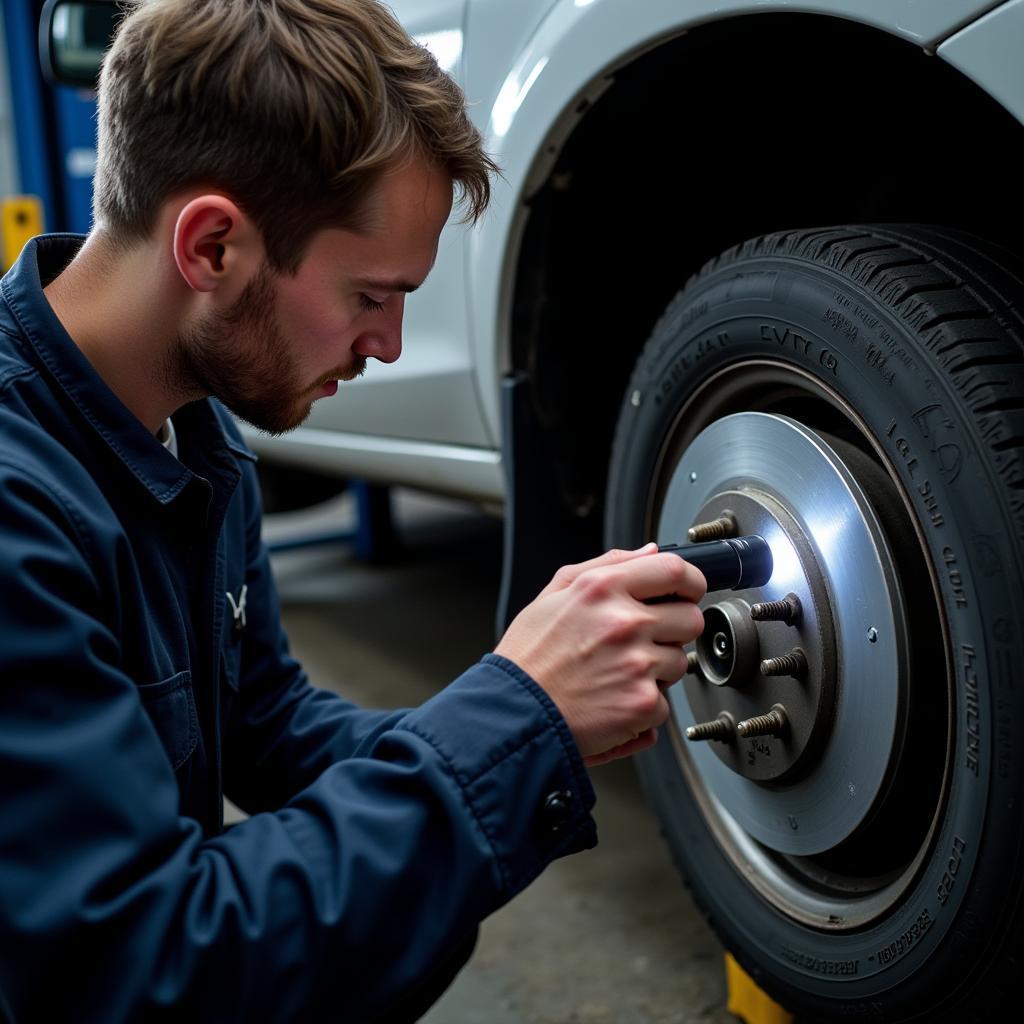 Mechanic Inspecting Brake Fluid Level in a Car