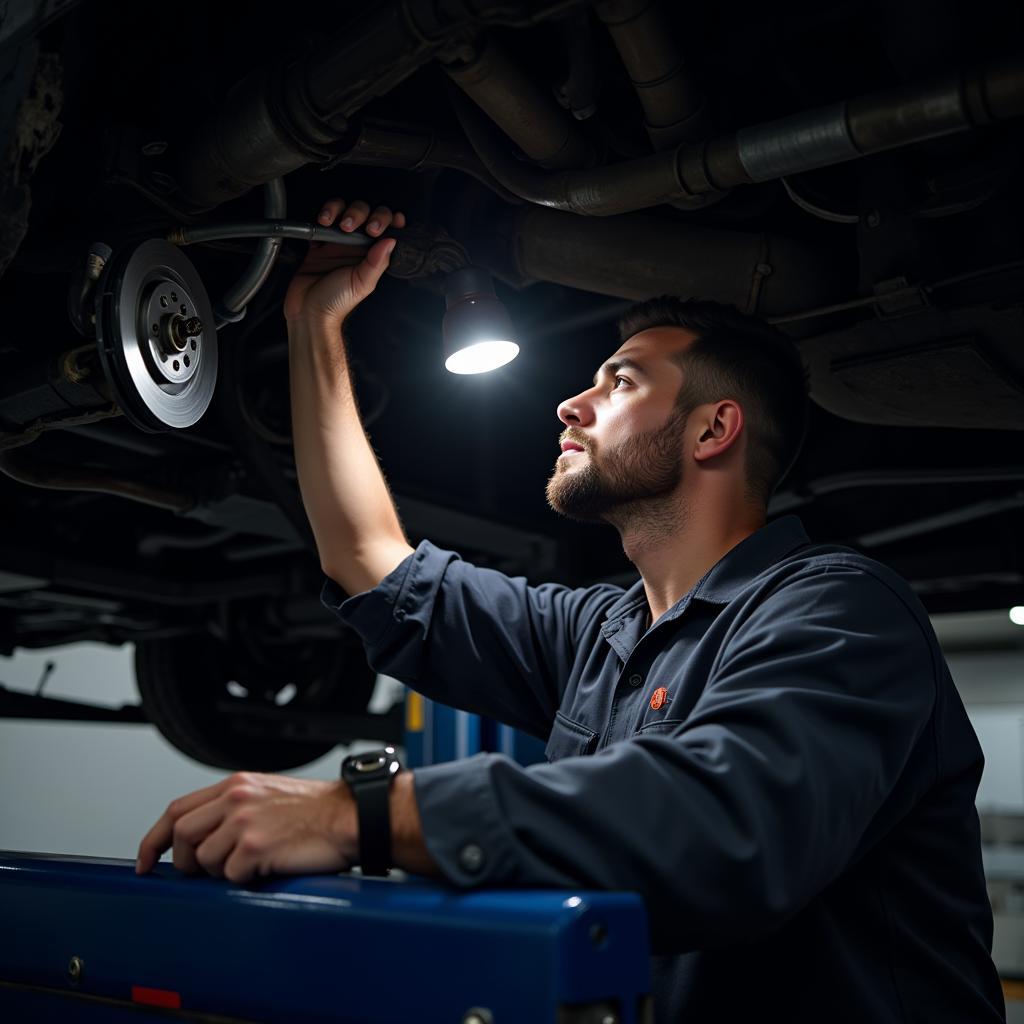 Mechanic Inspecting Brake Lines Under Car