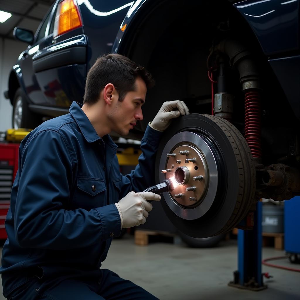 Mechanic Inspecting Brake System of a Lifted Saab 95 in a Garage