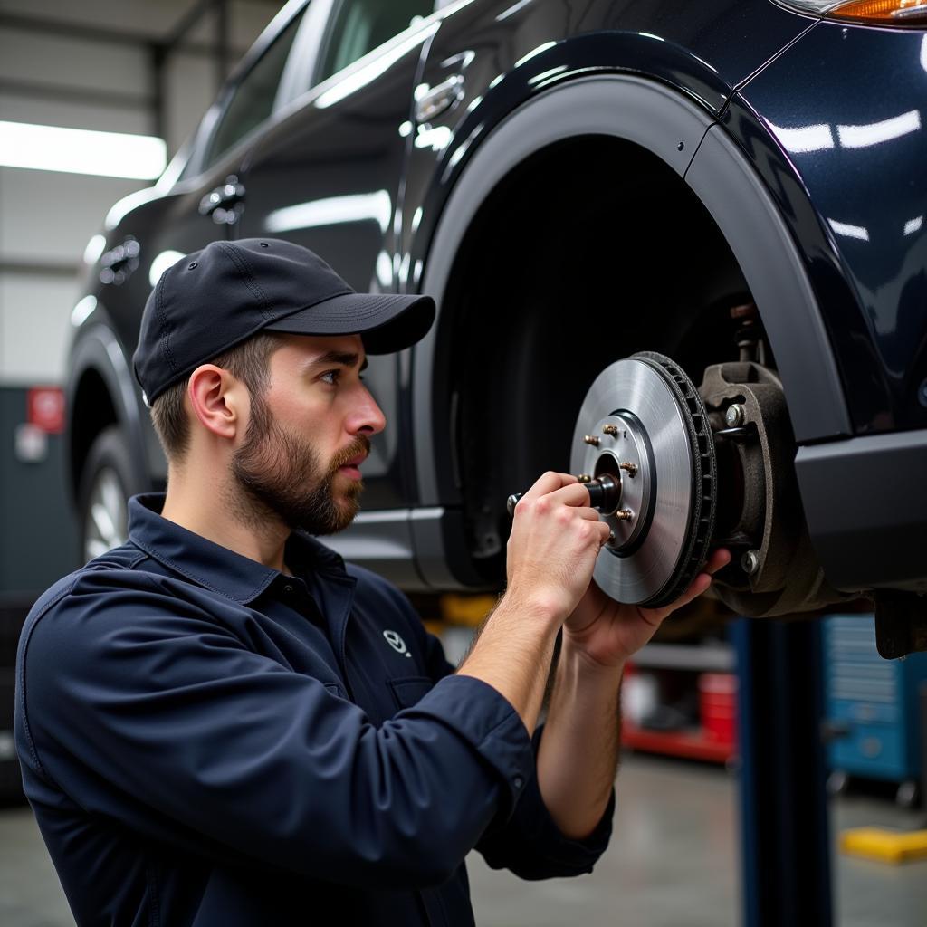 Mechanic Inspecting Mazda Brakes