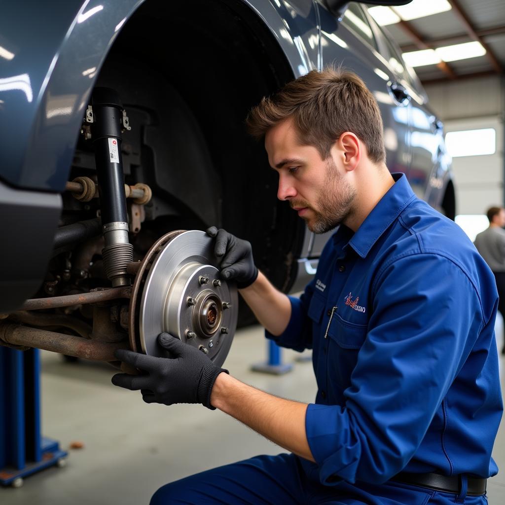 Mechanic Inspecting Brakes of Subaru Forester