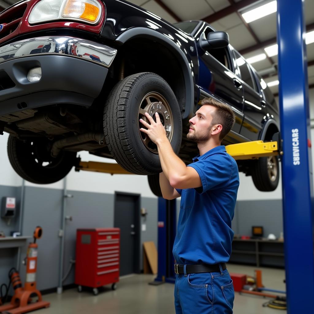 Mechanic Inspecting Brakes on a Lift