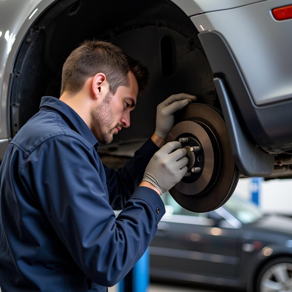 Mechanic Inspecting Brakes on a 2007 Audi A4