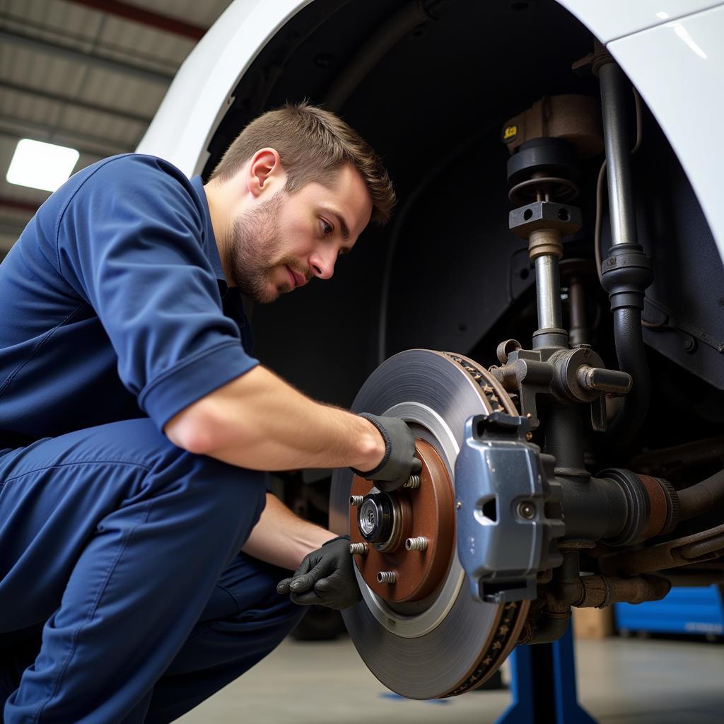 Mechanic inspecting car brake system