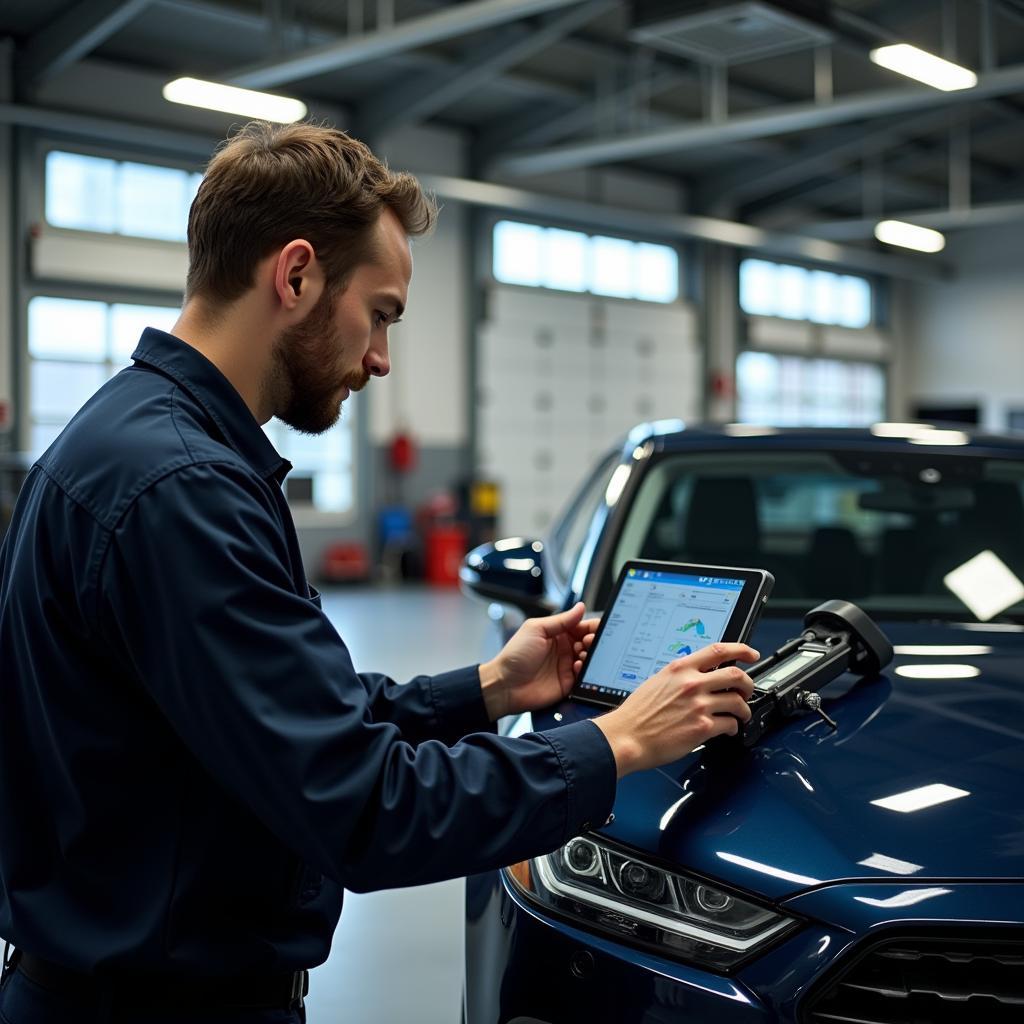 Mechanic inspecting car sensors in a repair shop