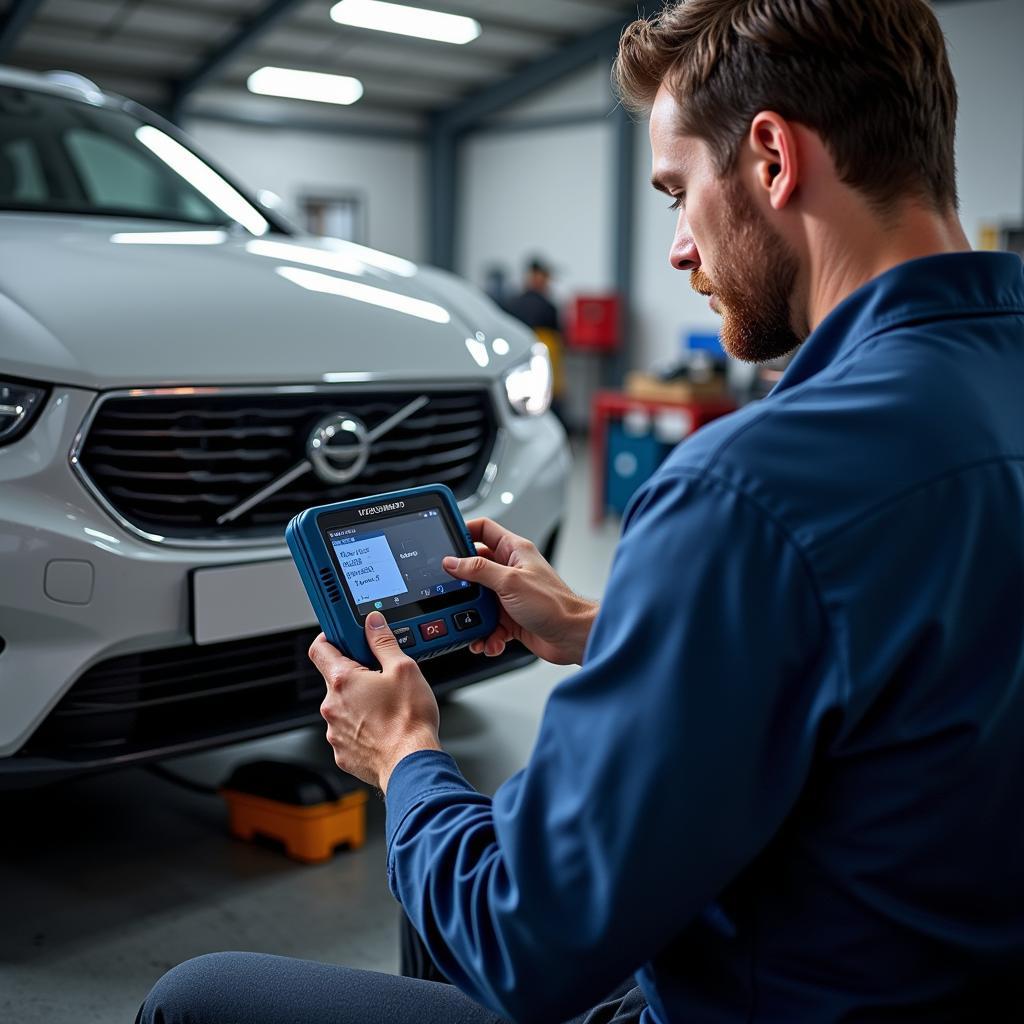 Mechanic Inspecting Car Sensors with Diagnostic Tool