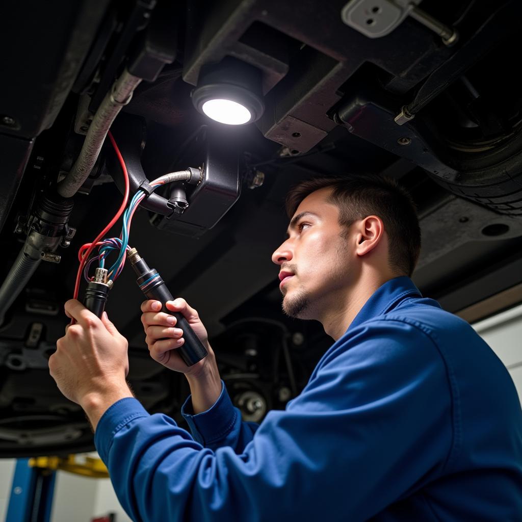 Mechanic Inspecting Car Wiring Harness