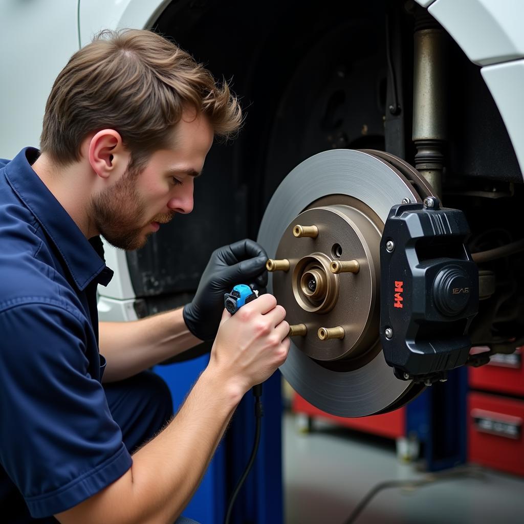 Mechanic Inspecting Honda Odyssey Brakes