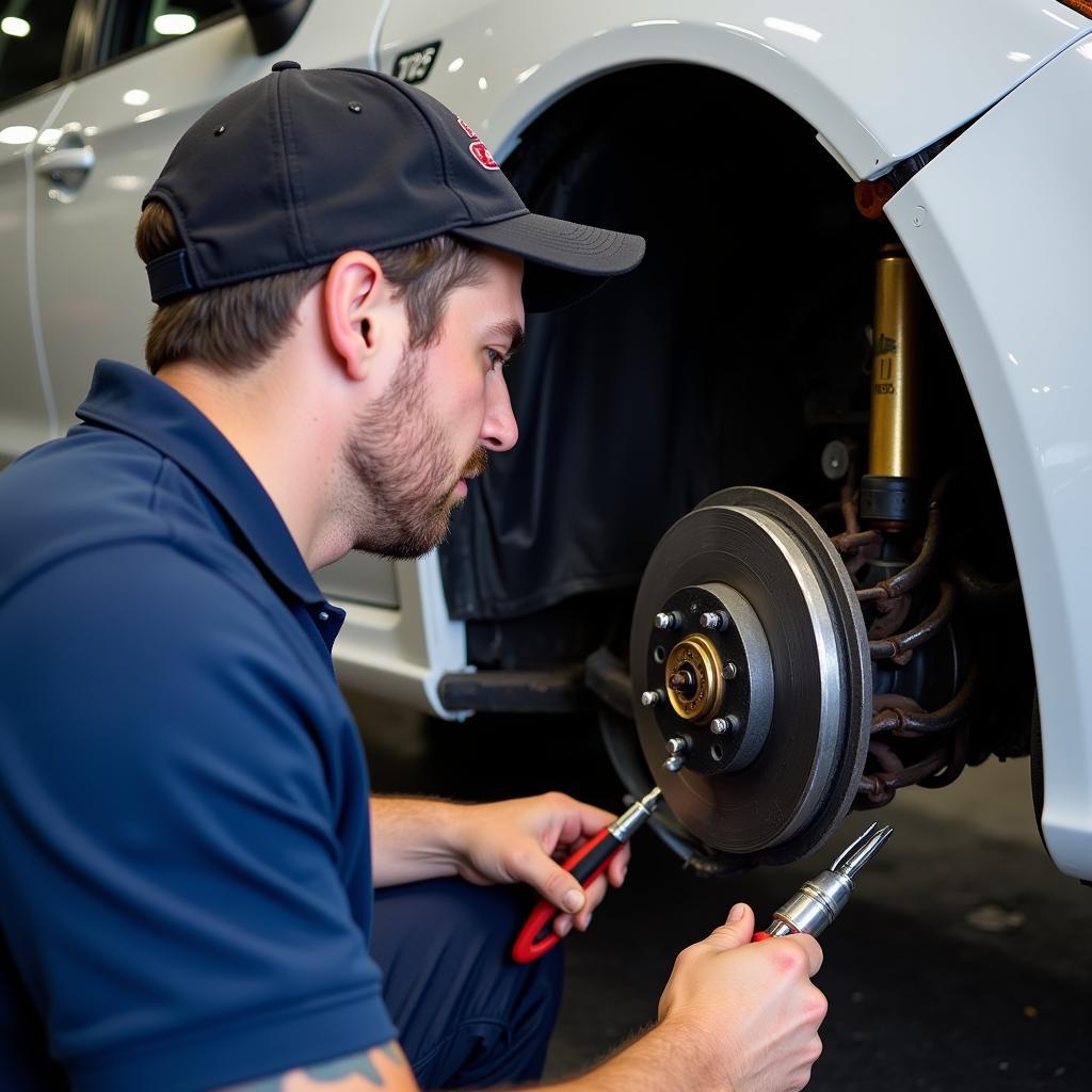 Mechanic inspecting the brake system of a Subaru Impreza