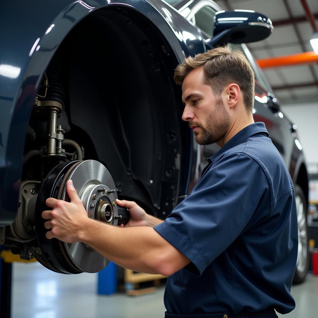 Mechanic Inspecting Brakes on a Lexus IS300