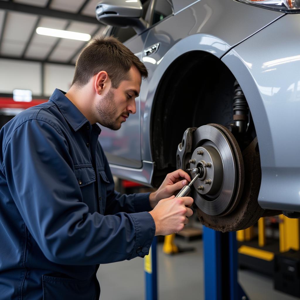 Mechanic inspecting the brakes of a Toyota Prius in a repair shop.