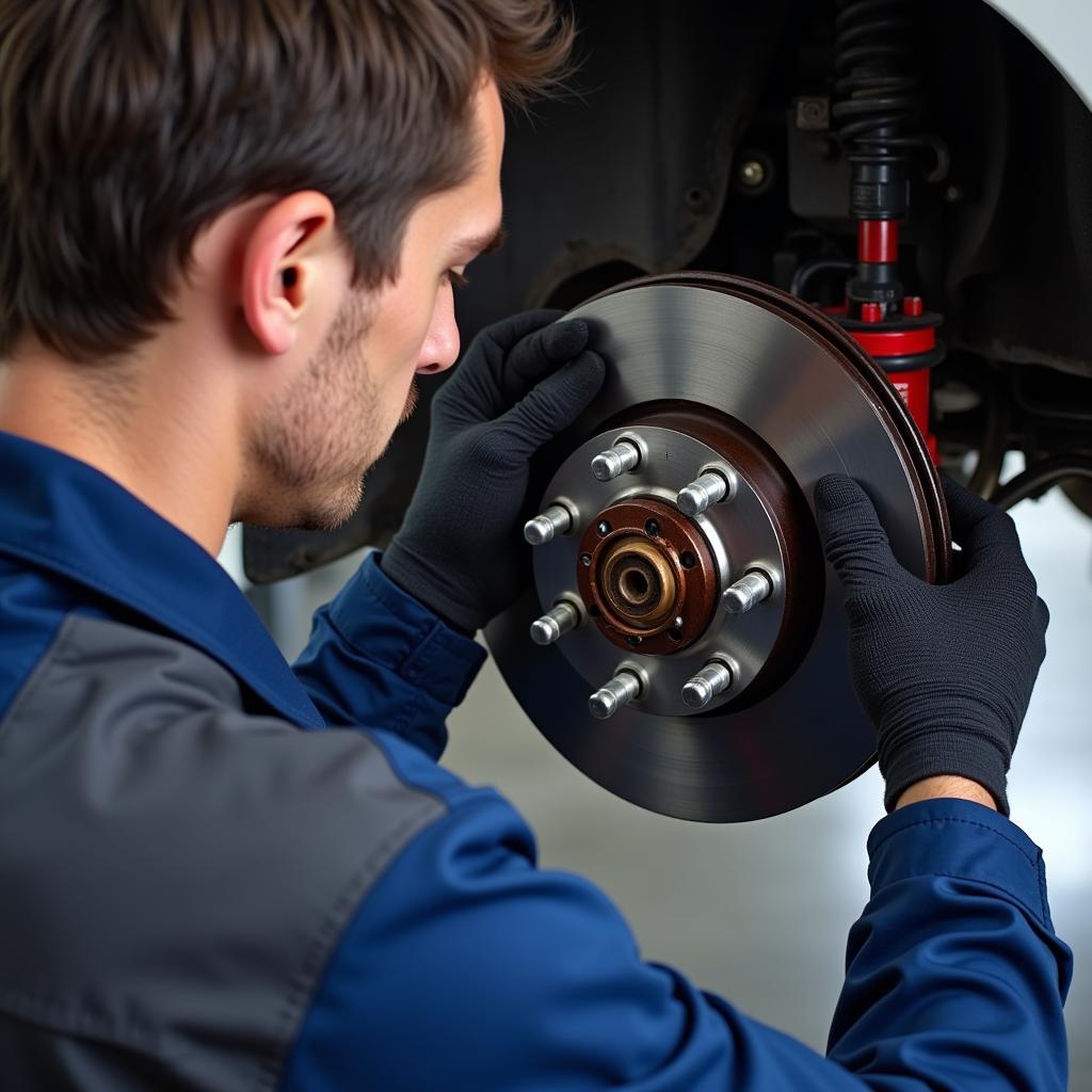 Mechanic Inspecting Subaru Legacy Brakes