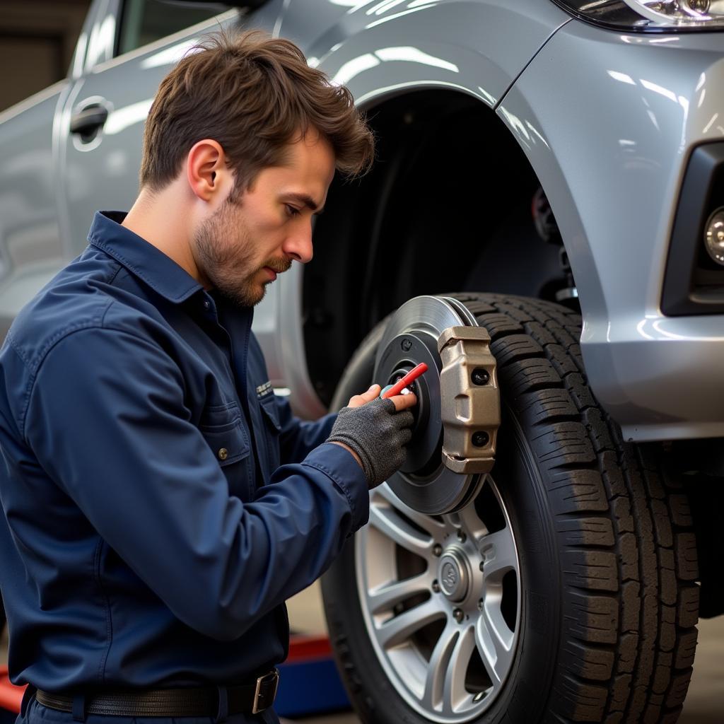 Mechanic Diagnosing Brake Issue on Toyota T100