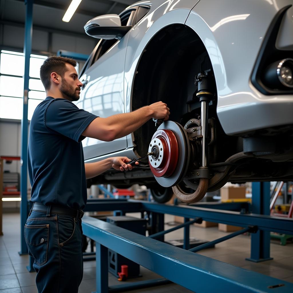 Mechanic Inspecting Toyota Yaris Brakes