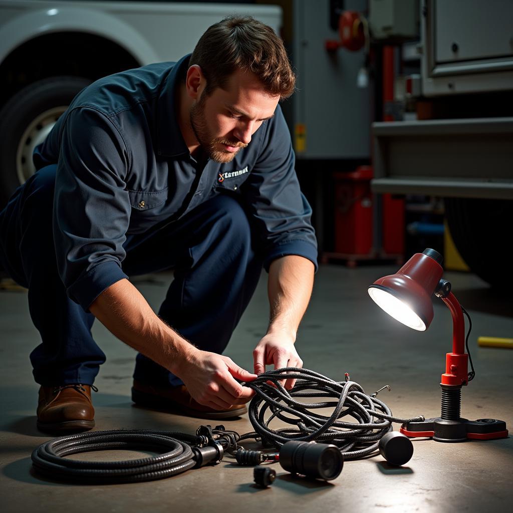 A mechanic in a garage inspects the wiring harness of a vehicle's trailer hitch.