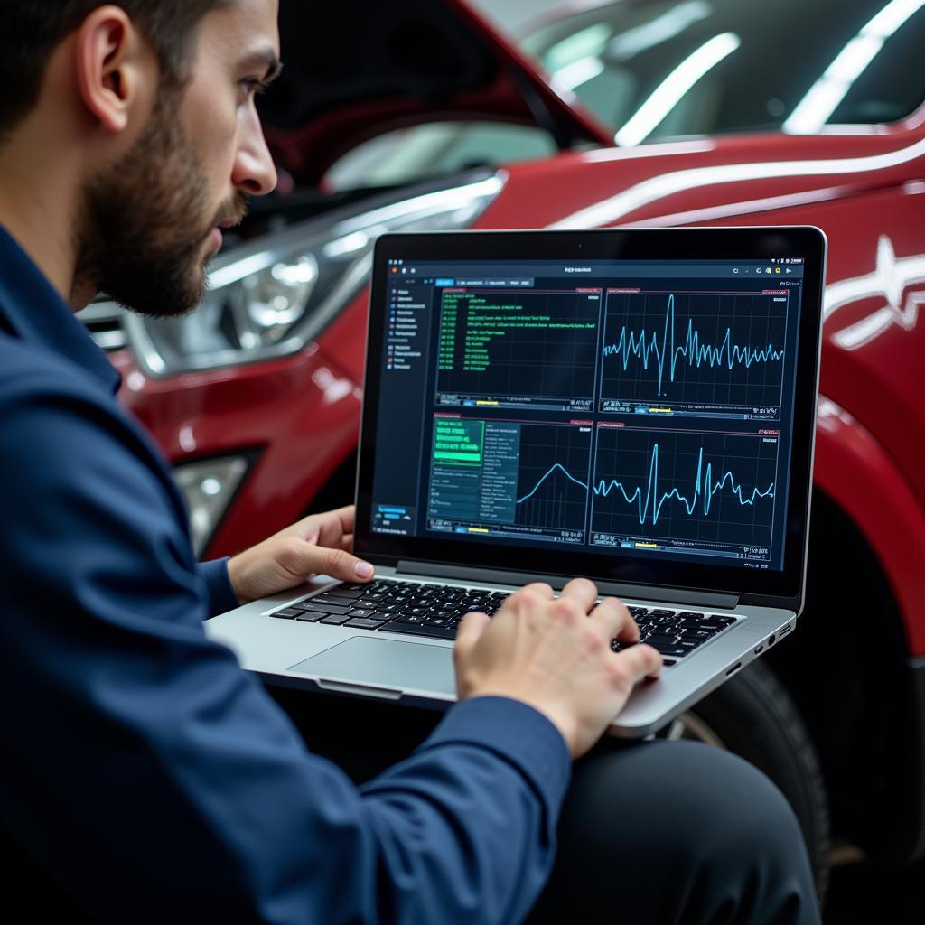 Mechanic Using Laptop for Remote Car Diagnostics