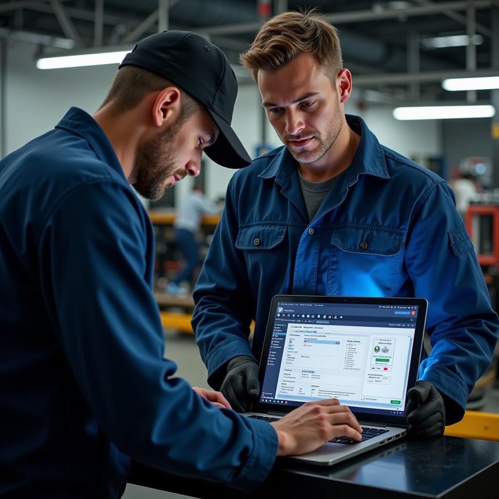 Mechanic using laptop for remote diagnostics