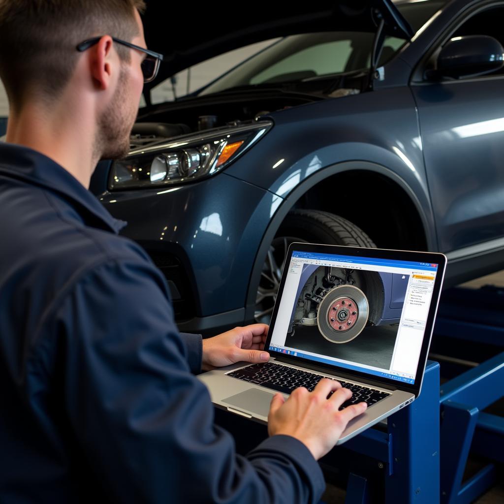 Mechanic Performing Remote Diagnostics on Car Brake System