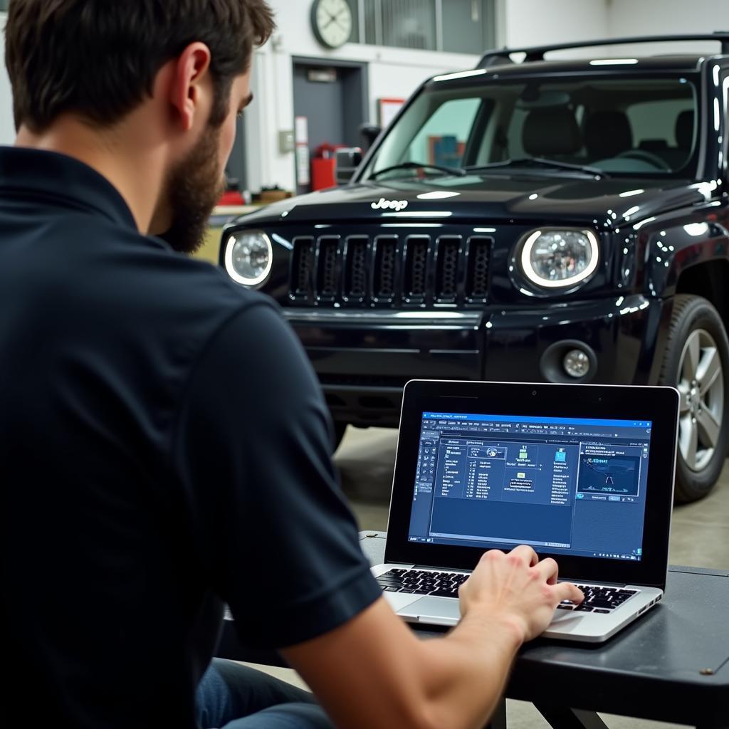 Mechanic Using a Laptop to Perform Remote Diagnostics on a Jeep Patriot