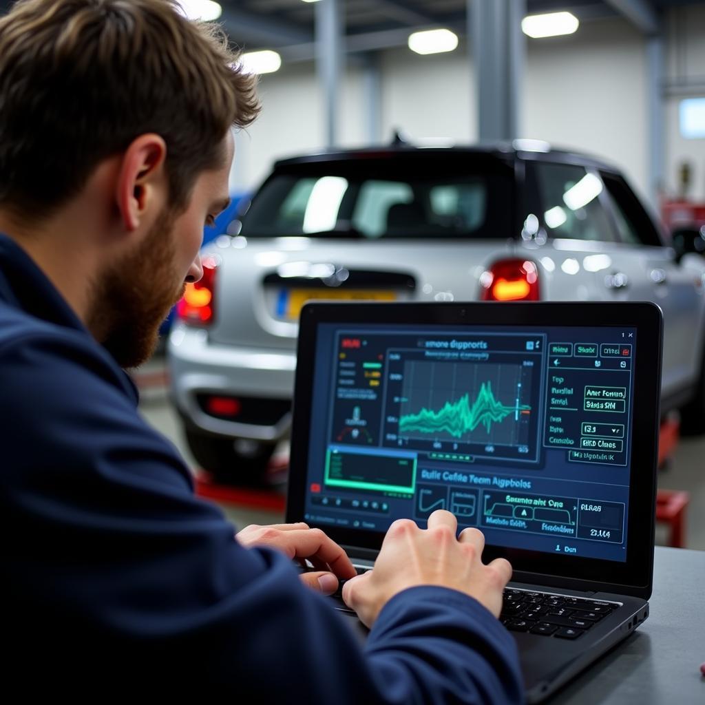 Mechanic Using a Laptop for Remote Diagnostics on a Mini One