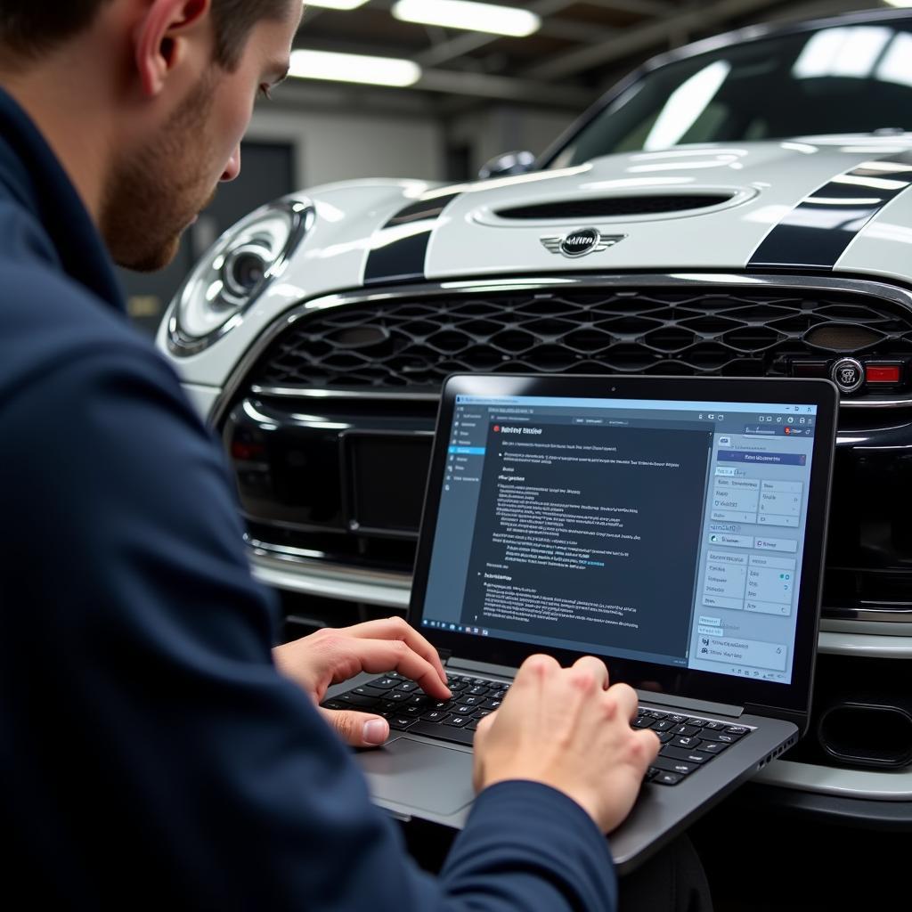 Mechanic Performing a Remote Software Update on a Mini Clubman