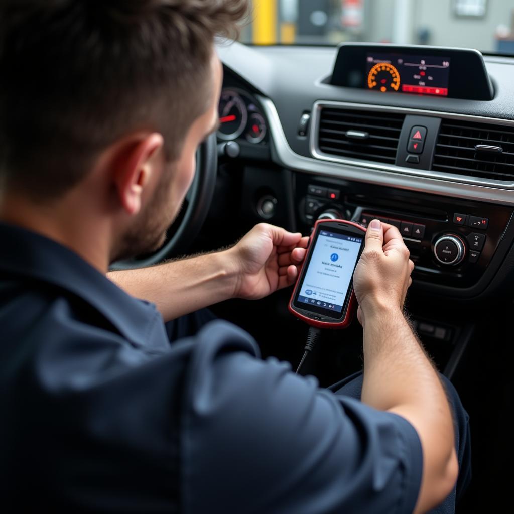 Mechanic Using Diagnostic Tool on Vehicle