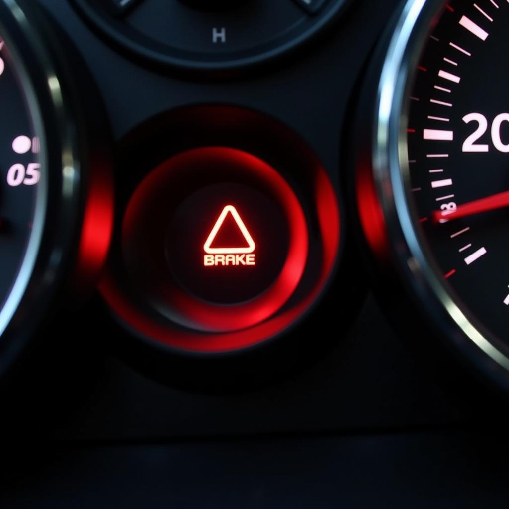 Mini Cooper dashboard with brake warning light on