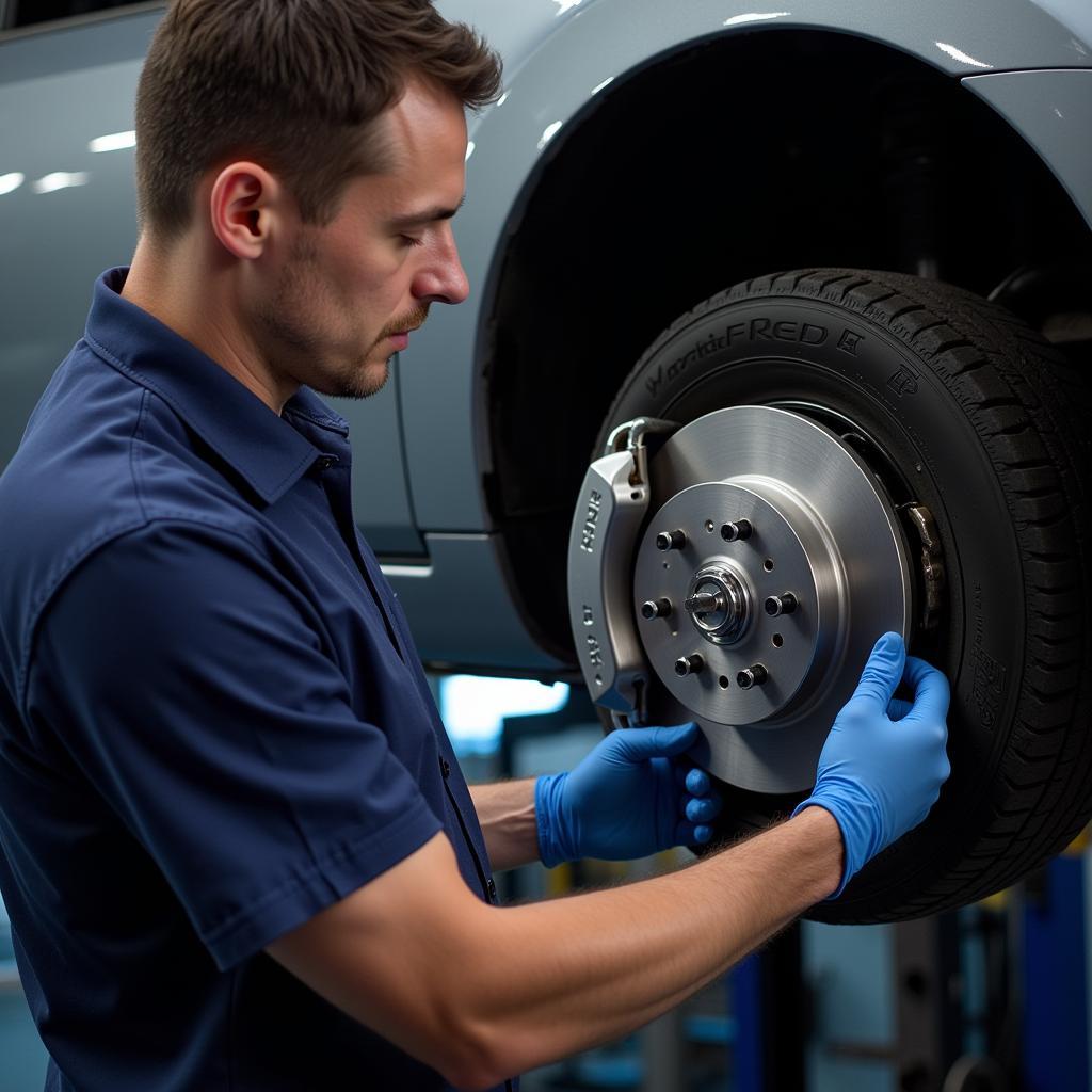 Mechanic Inspecting Nissan Leaf Brake System