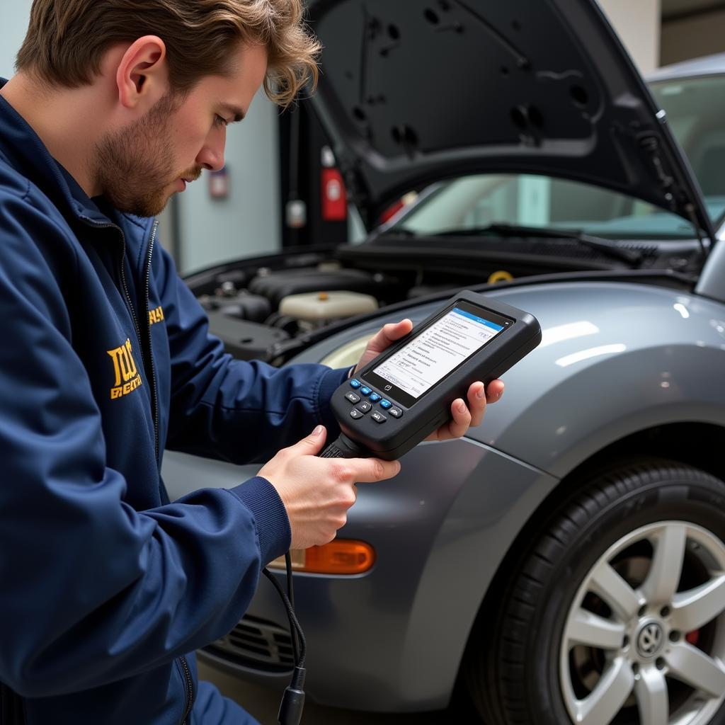 Mechanic using an OBD-II scanner to diagnose a 2008 VW New Beetle