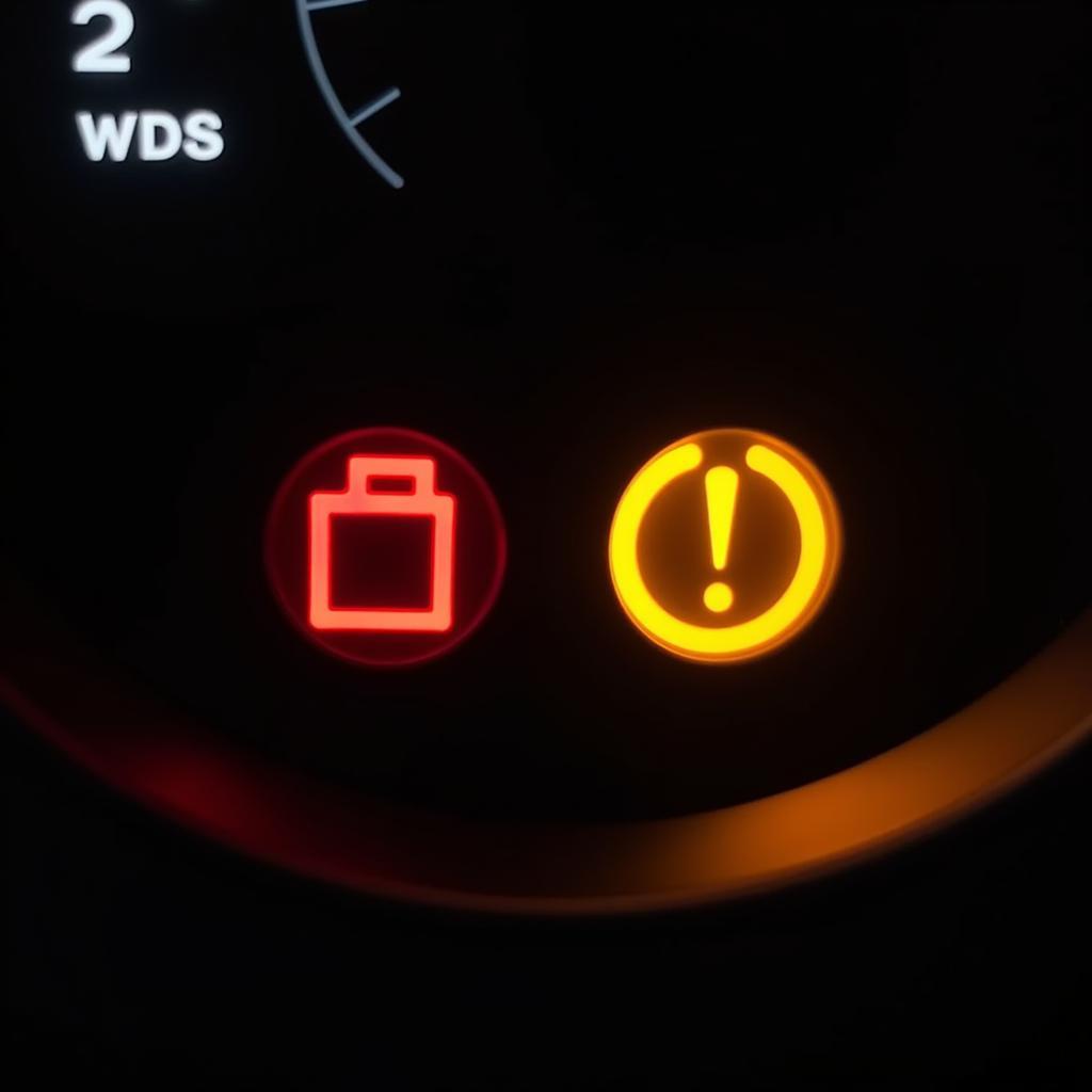 Car dashboard showing oil warning light and brake system warning light