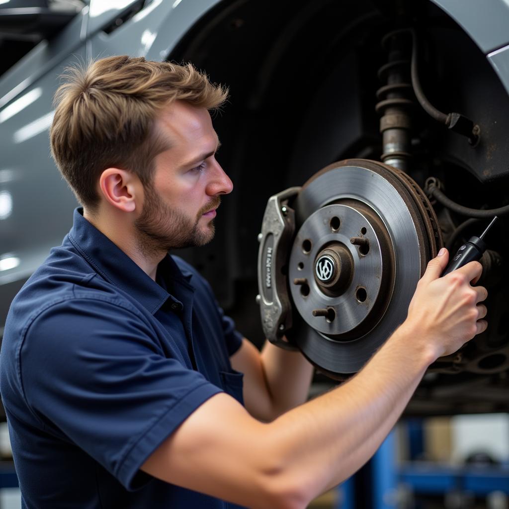 Mechanic Inspecting the Brake System of a Volkswagen Passat