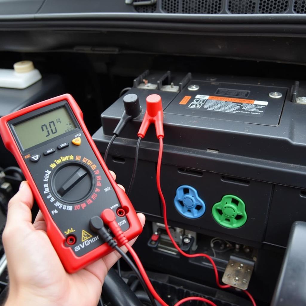 Testing the 12-volt battery in a Toyota Prius using a multimeter