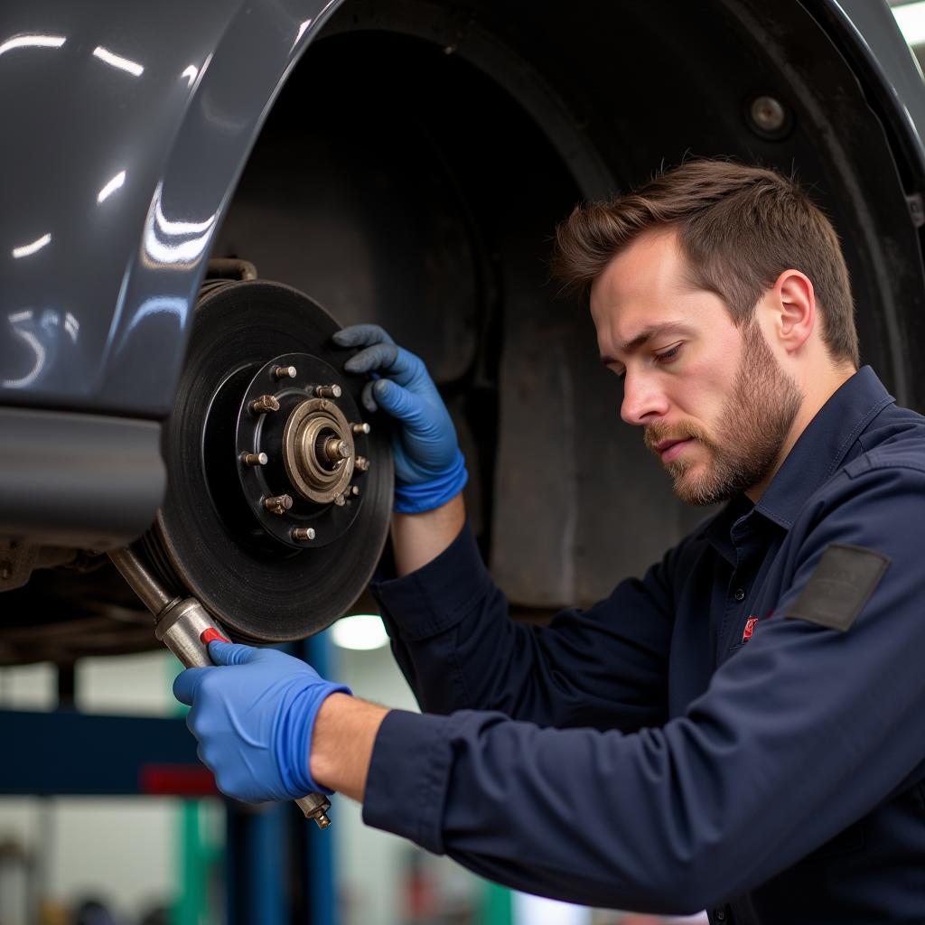 Mechanic Inspecting Brake System